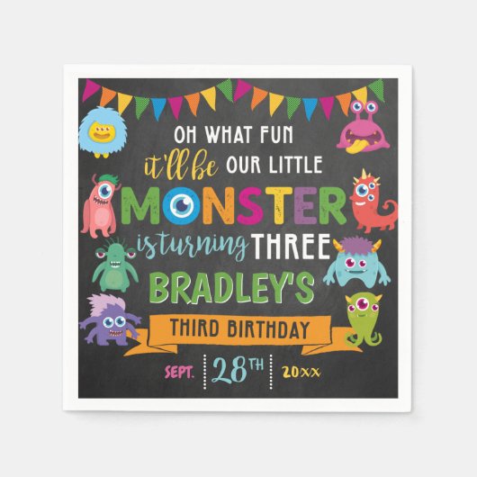 Serviette En Papier Little Monster Chalkboard 3e fête d'anniversaire (Devant)