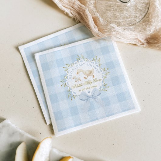 Serviette En Papier Little Silly Goose Blue Gingham Baby Shower