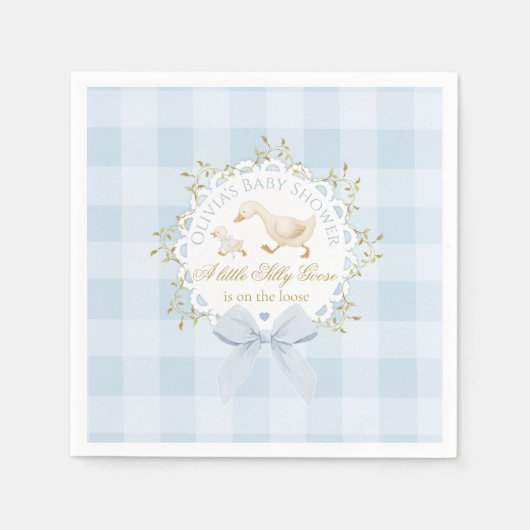 Serviette En Papier Little Silly Goose Blue Gingham Baby Shower (Devant)