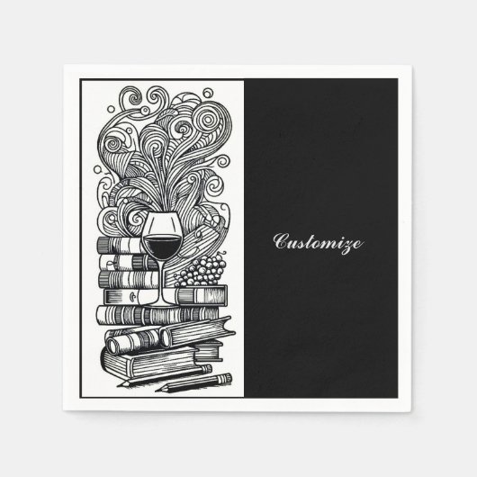Serviette En Papier Livres Et Vins Noirs Et Blancs 4 (Devant)
