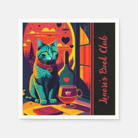 Serviette En Papier Livres Et Vins Personnalisés Sunset Cat (Devant)