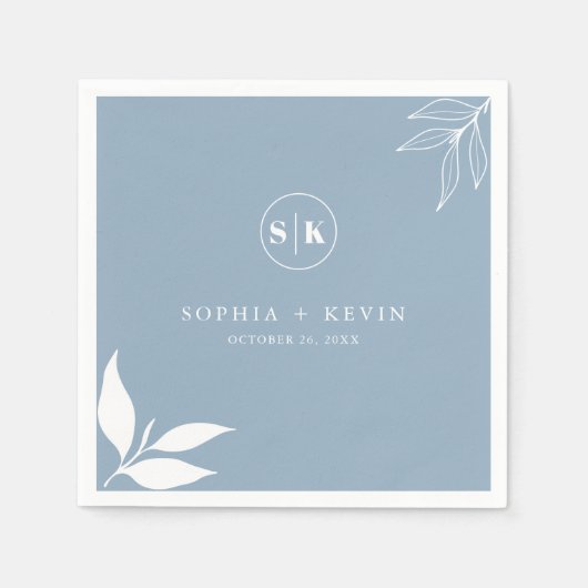 Serviette En Papier Logo des initiales Feuilles Dusty Blue Minimalist (Devant)