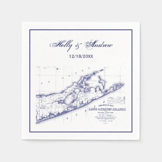 Serviette En Papier Long Island The Hamptons Carte Marine Blue Mariage (Devant)
