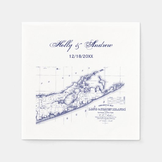 Serviette En Papier Long Island The Hamptons Carte Marine Blue Mariage (Devant)