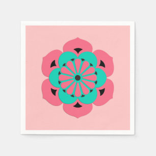 Serviette En Papier Lotus Flower Mandala, Coral rose et Turquoise