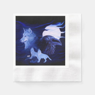 Serviette En Papier Loup et corbeau avec pleine lune