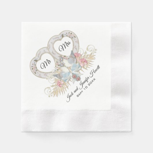 Serviette En Papier Love Doves Coeurs et Fleurs (Devant)