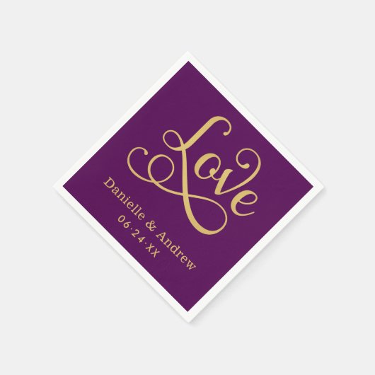 Serviette En Papier Love Elegant Purple Gold Calligraphie Mariage (Coin)