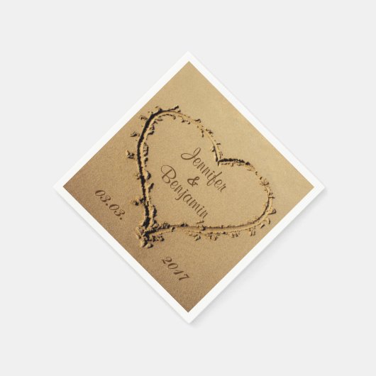 Serviette En Papier Love Heart in the Sand Personnalisé Names Mariage (Coin)