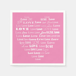 Serviette En Papier Love Heart Word Cloud - Blanc sur Pastel Pink