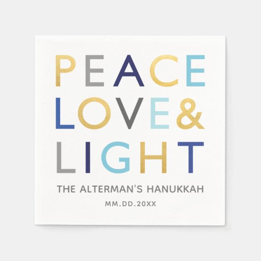 Serviette En Papier Love & Light Typographie Hanoukka Holiday Gold Blu (Devant)