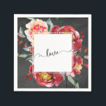 Serviette En Papier Love Typographie Rouge Floral Bouquet, Chalkboard<br><div class="desc">Au-dessus d'un arrière - plan en damier texturé, j'ai ajouté de magnifiques fleurs d'aquarelle en rouge roux et bordeaux profond avec une verdure artistique. Le centre était couvert d'un carré blanc bordé sur lequel j'ai placé un graphique conçu avec une police pivotante et moderne utilisée pour taper "amour". // 57...</div>