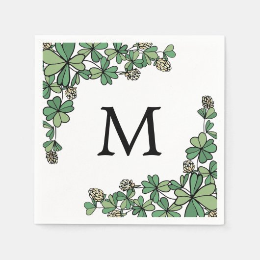 Serviette En Papier Lucky Charm Clover Fleurs blanches Monogramme (Devant)