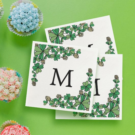 Serviette En Papier Lucky Charm Clover Fleurs blanches Monogramme