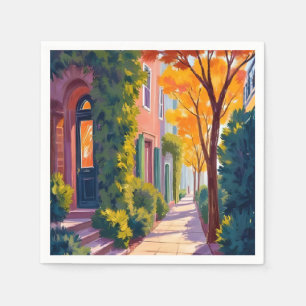 Serviette En Papier Lueur de rue de la ville d'automne Aquarelle d'a