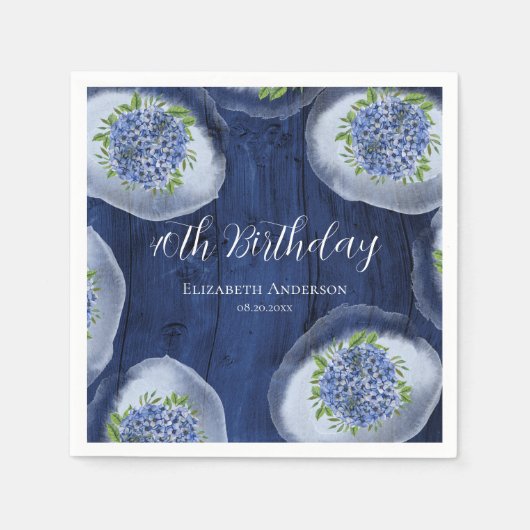 Serviette En Papier Lumière Blue Hydrangeas Wood 40th Birthday Party (Devant)