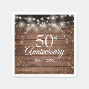 Serviette En Papier Lumières de chaîne rustiques en or pour 50e annive