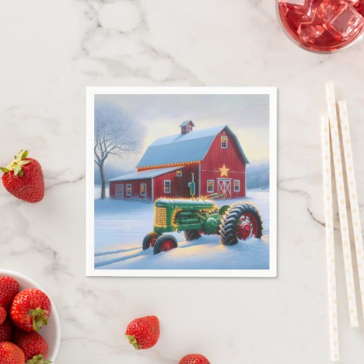 Serviette En Papier Lumières de Noël sur un tracteur agricole vert (En situation)