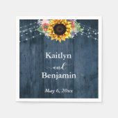 Serviette En Papier Lumières de tournesol en bois bleu Noms et date (Devant)