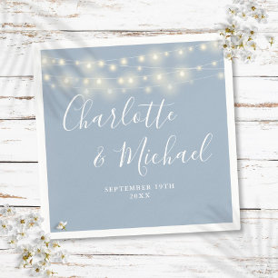 Serviette En Papier Lumières Guirlandes Mariage Bleu Poussiéreux Écrit