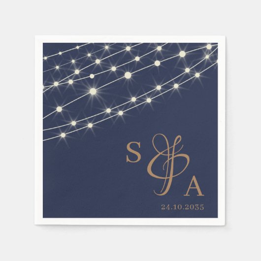 Serviette En Papier Lumières Russe Navy Blue & Gold String (Devant)