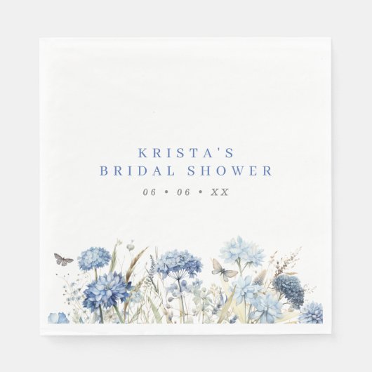 Serviette En Papier Lunch de mariage Hydrangeas Bleus & Papillons (Devant)
