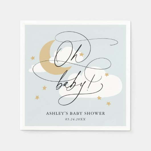 Serviette En Papier Lune bleue et étoiles Script Oh Baby shower servie (Devant)