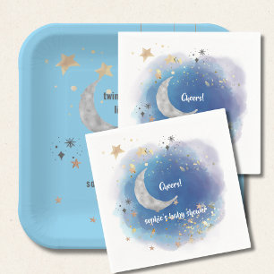 Serviette En Papier Lune Céleste Étoiles, Abstrait Bleu Royal Et Or