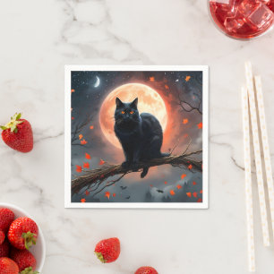 Serviette En Papier Lune de chat noir d'Halloween effrayant,