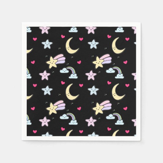Serviette En Papier Lune, étoiles et nuages Motif sur noir (Devant)