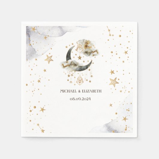 Serviette En Papier Lune étoiles or céleste  (Devant)
