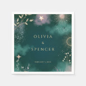 Serviette En Papier Lune magique céleste et étoiles Mariage émeraude (Devant)