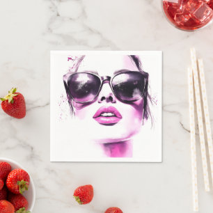 Serviette En Papier Lunettes de soleil femme de mode à l'aquarelle ros