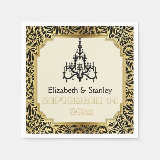 Serviette En Papier Lustre Art déco noir, mariage damassé or (Devant)