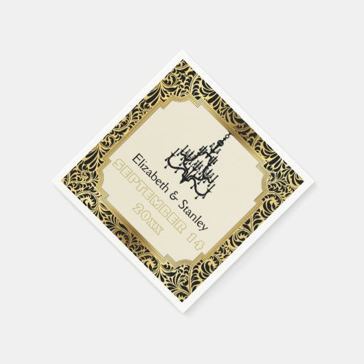 Serviette En Papier Lustre Art déco noir, mariage damassé or (Coin)