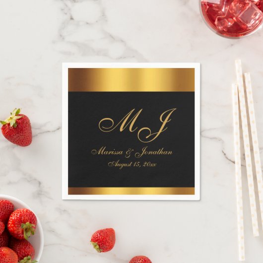 Serviette En Papier Luxe Black Gold Calligraphie Monogramme Mariage (En situation)