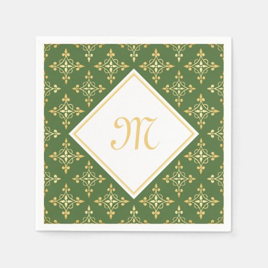 Serviette En Papier Luxe Monogramme vert et or Quatre Floral (Devant)