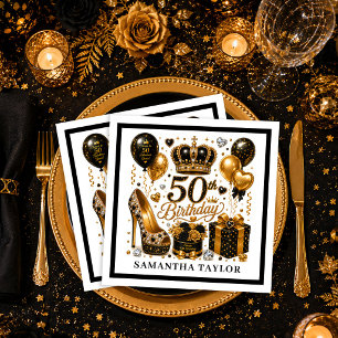 Serviette En Papier Luxe Or Noir Pailleté Cinquante Et Fabuleux Party