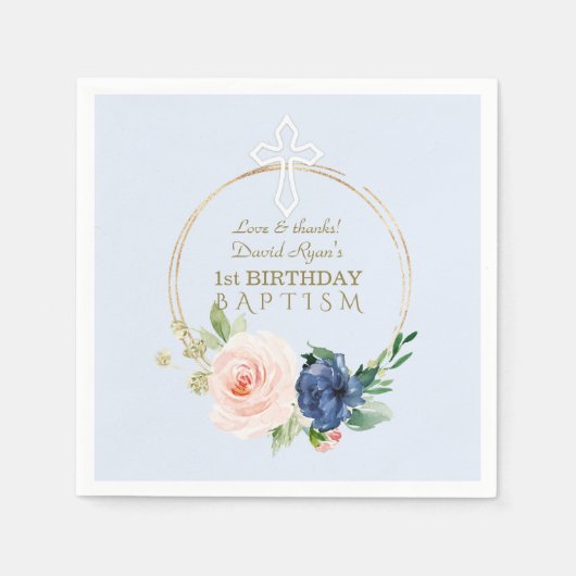 Serviette En Papier Luxe Pink Blue Floral Boy 1er Anniversaire & Baptê (Devant)