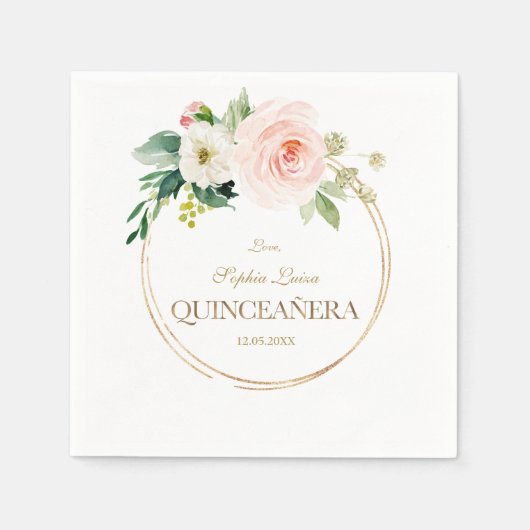 Serviette En Papier Luxe Rose Fleurs Blanches Or Quinceañera (Devant)
