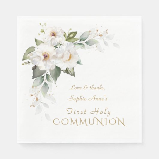 Serviette En Papier Luxueux Blanc Roses sauvages Première Sainte Commu (Devant)