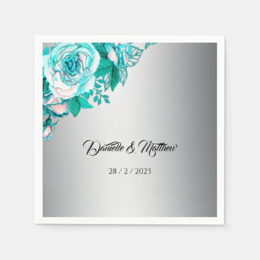 Serviette En Papier Luxueux Roses Aqua sur un mariage élégant argent (Devant)