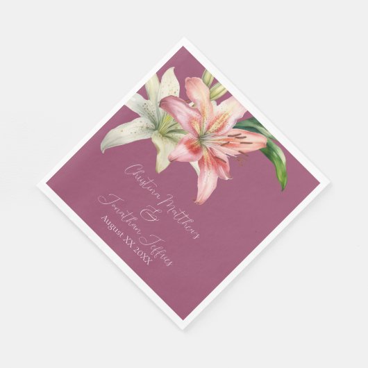 Serviette En Papier Lys romantiques roses et blancs sur Fuchsia (Coin)