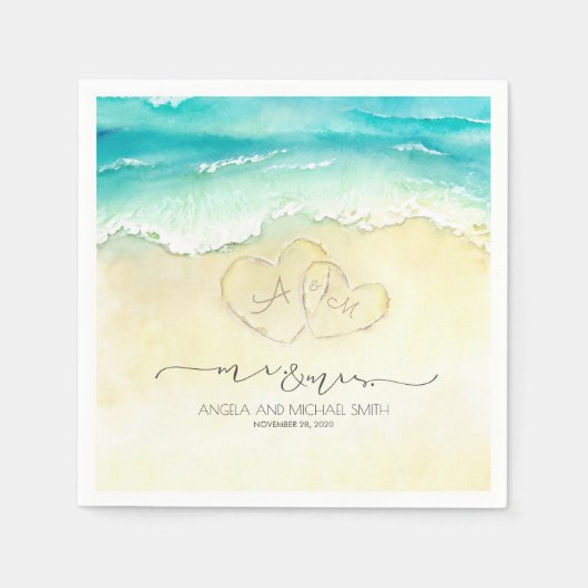 Serviette En Papier M. et Mme Beach Hearts Aquarelle (Devant)