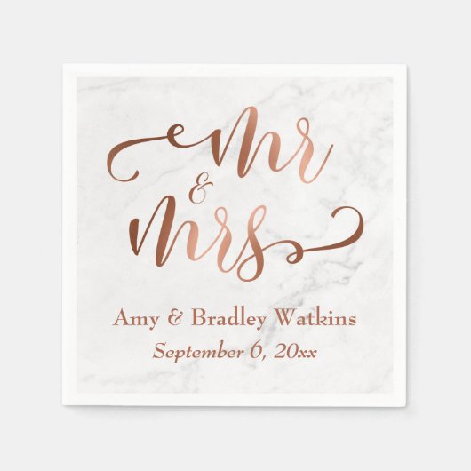 Serviette En Papier "M. et Mme" Faux Copper Script sur Marbre blanc (Devant)