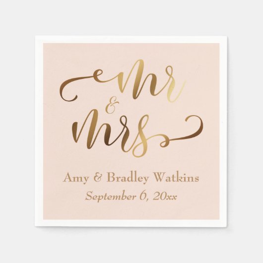 Serviette En Papier "M. et Mme" Faux Gold Foil Script on Blush Pink (Devant)
