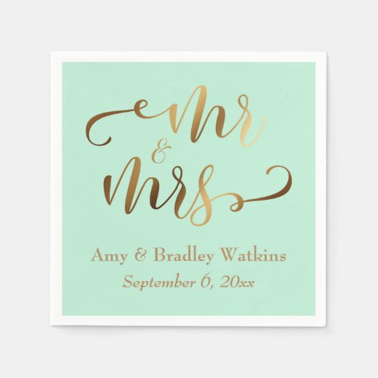 Serviette En Papier "M. et Mme" Faux Gold Foil Script on Mint (Devant)