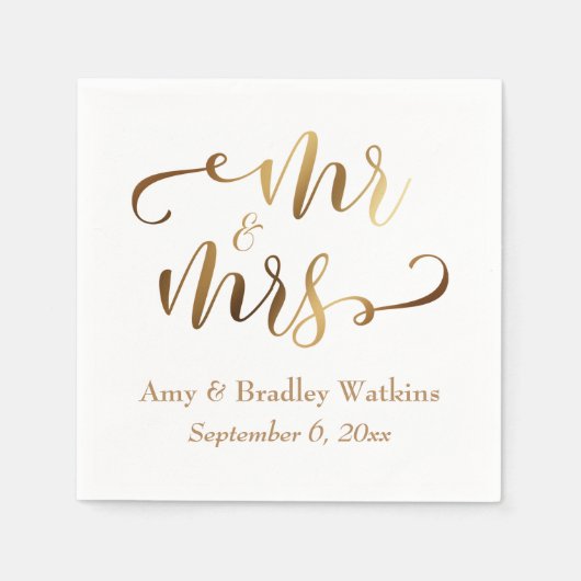 Serviette En Papier "M. et Mme" Faux Gold Foil Script sur blanc (Devant)