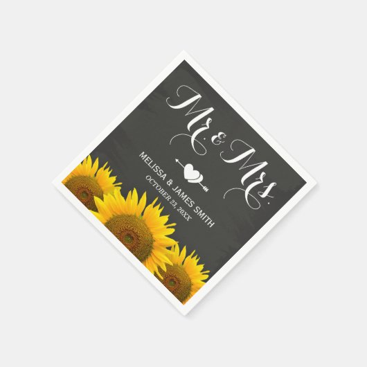 Serviette En Papier M. et Mme Mariage Sunflowers Chalkboard Elegant (Coin)