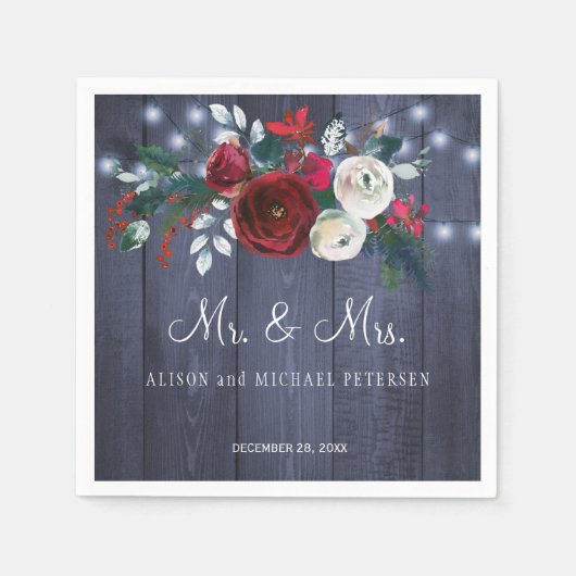Serviette En Papier M. et Mme Peonies rouges d'hiver mariage de Noël (Devant)